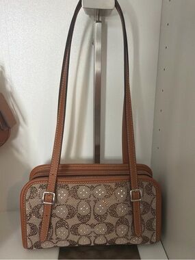 Coach Crystal  Brown Signature Canvas Shoulder Bag with Tan Leather Trim